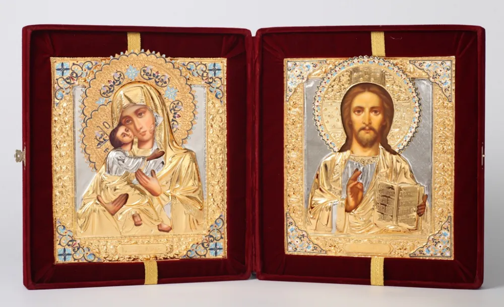 Painted folding icons in case 24×30 oil, riza covers №6, №24 (velvet) Saviour-Vladimir Mother of God