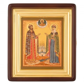 Painted icon on board in icon case 18×24 tempera, gilded halo, recessed field, icon case №1 Peter and Fevronia, 02613