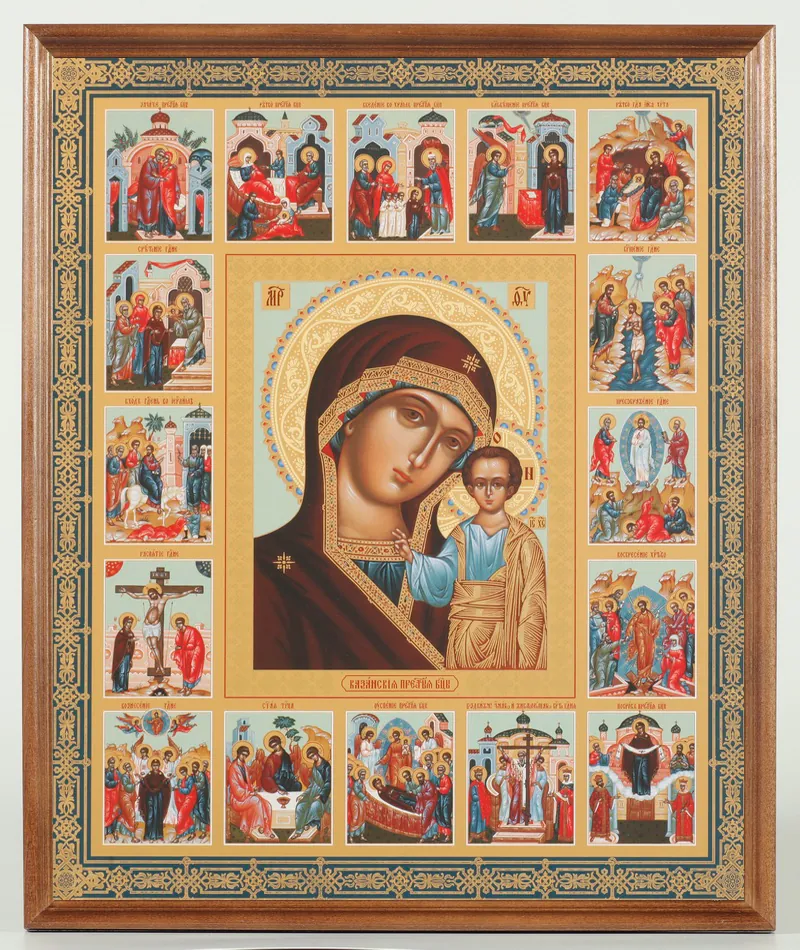 Icon in wooden frame №1 30×40 embossing, packaging Kazan Mother of God (with Life scenes)