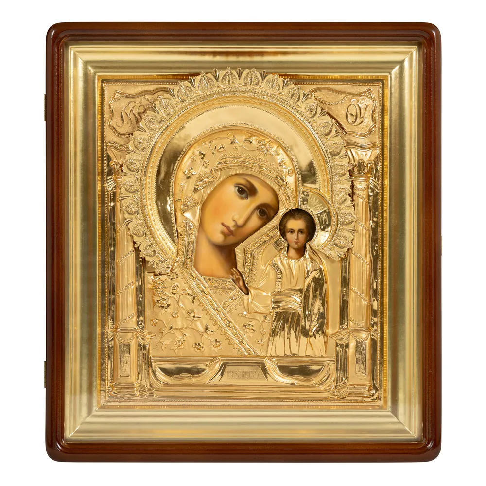 Painted icon in icon case 24×30 oil, riza cover №293, matte-glossy gilding, icon case №1 Kazan Mother of God