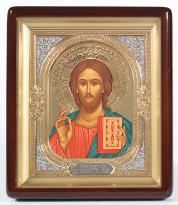 Icon in icon case 18×24 shaped, tempera №8, halo crown, 3D riza frame, open, gilding Saviour