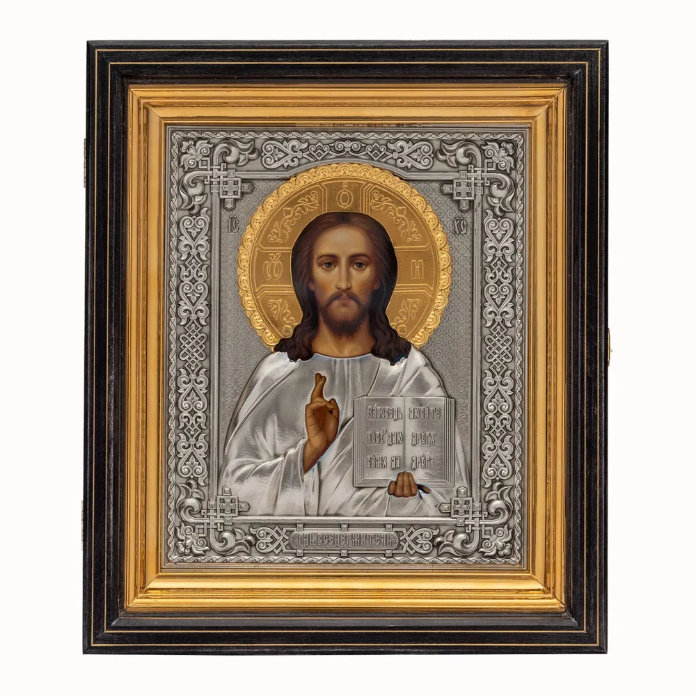 Painted icon in icon case 18×24 tempera, riza cover №242 niello silver plating icon case with gilded with stretcher and metal with inserts Saviour