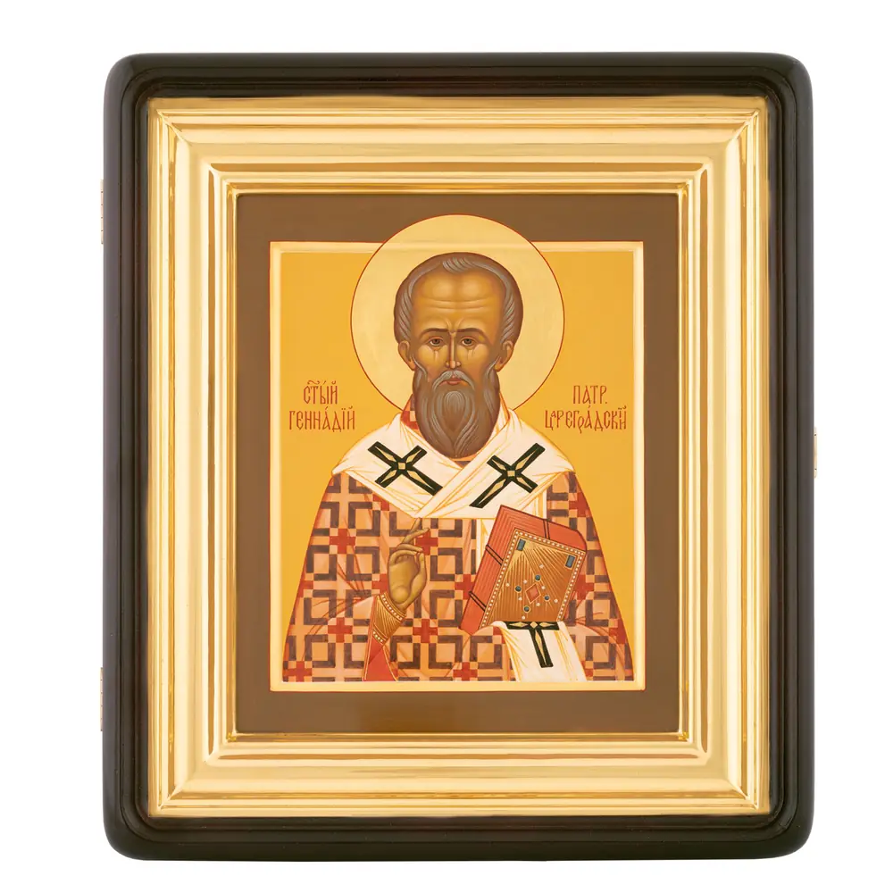 Painted icon on board in icon case 18×24 tempera, gilded halo, recessed field, icon case №1 Gennadius, 02292