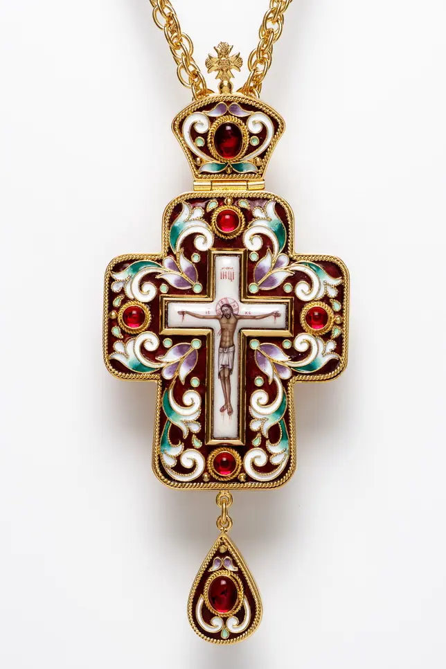 Pectoral cross filigree №0034 single rim, enamel miniature, enamel / gilding