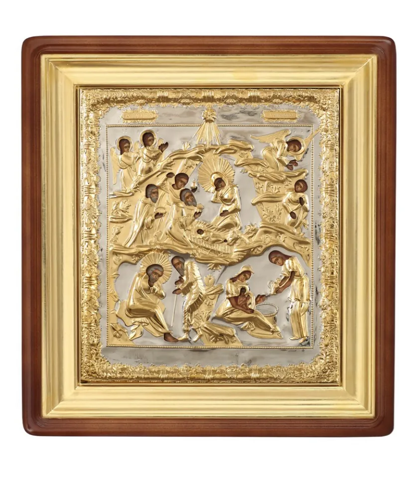 Painted icon in icon case 24×30 oil, riza cover №56, icon case №1 Nativity of Christ