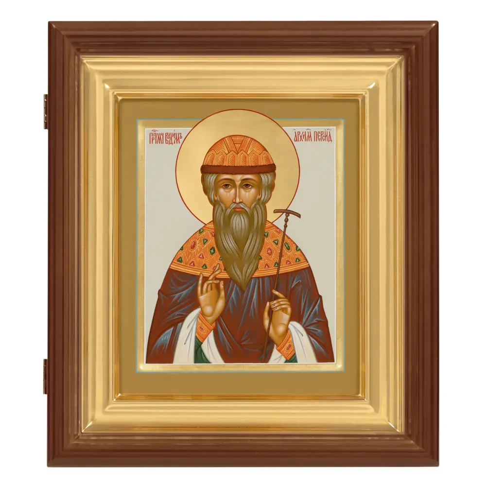 Painted icon on board in icon case 18×24 tempera, gilded halo, recessed field, icon case №1 Vadim, 05428
