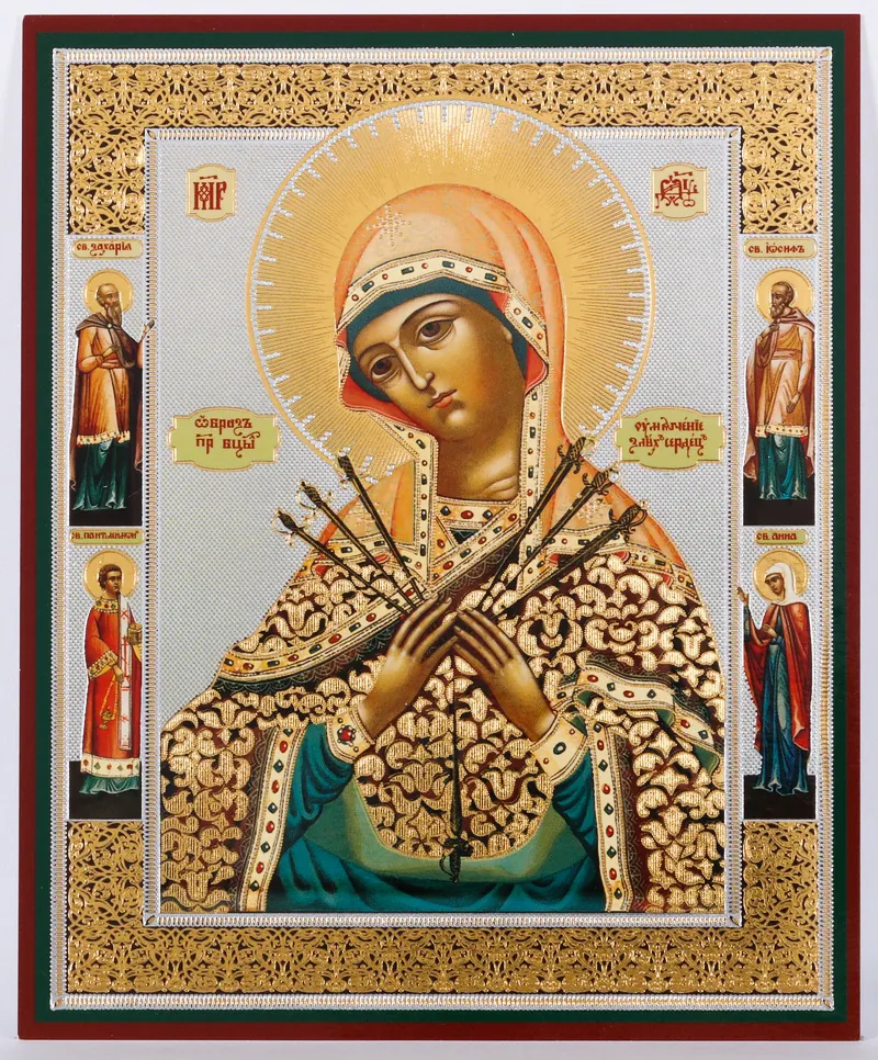 Icon on wooden panel 11×13 double embossing Softener of Evil Hearts (with attendant saints)