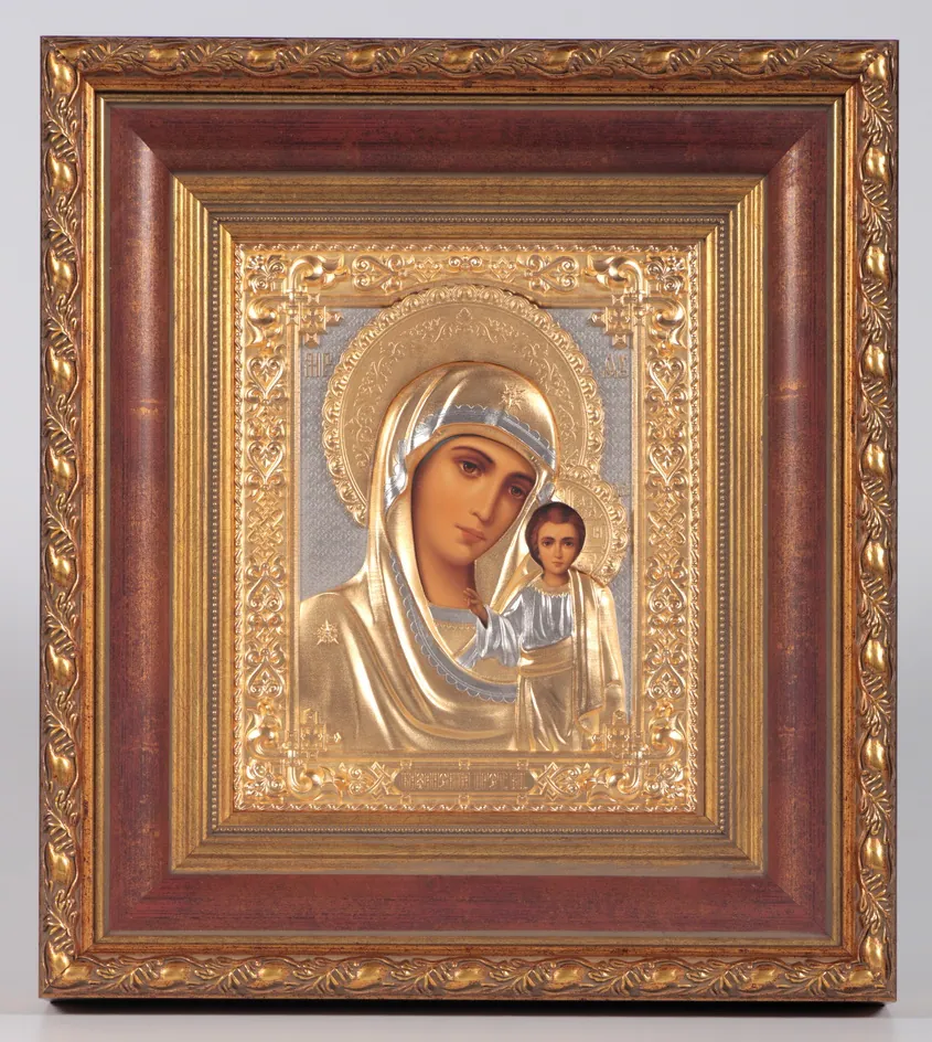 Painted icon in icon case 18×24 tempera, riza cover №244 partial / gilded, moulded stretcher and shirt Kazan Mother of God