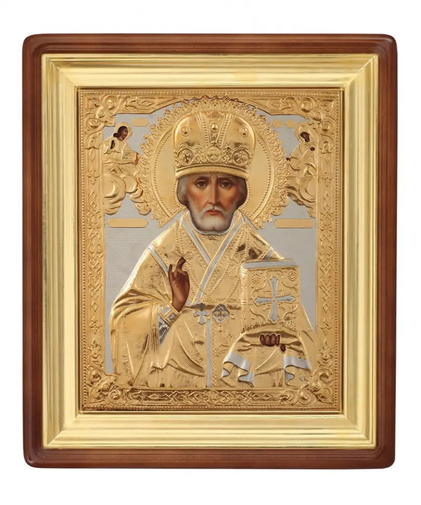 Painted icon in icon case 40×50 oil, riza cover №62, icon case №1 Nicholas the Wonderworker