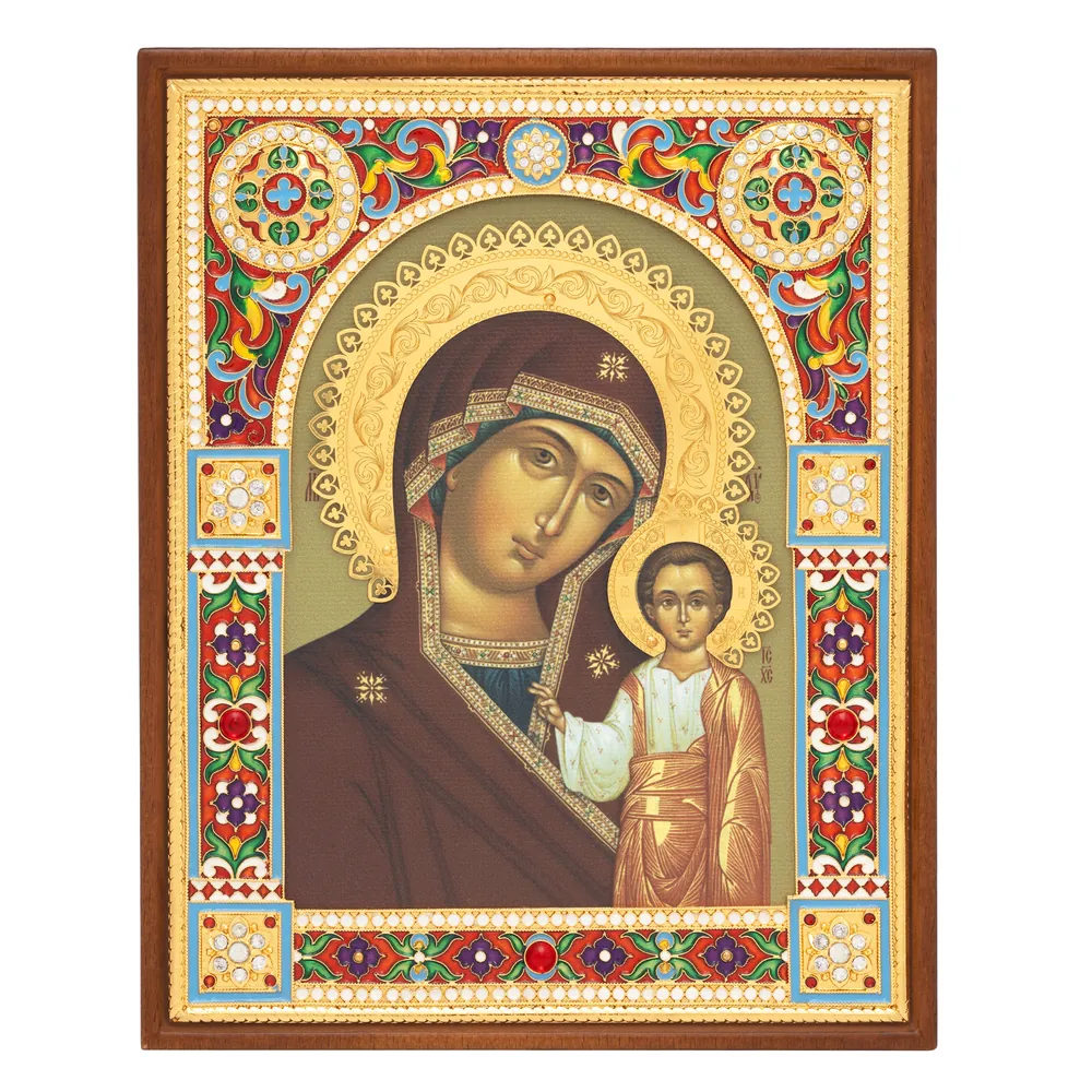 ხატი მოჭედილობაში 16×19 გალვანოპლასტიკა, მინანქარი / ტილო / მოოქროვება, ელექტროფორეზი / ხის ჩარჩოში ყაზანის ღვთისმშობელი