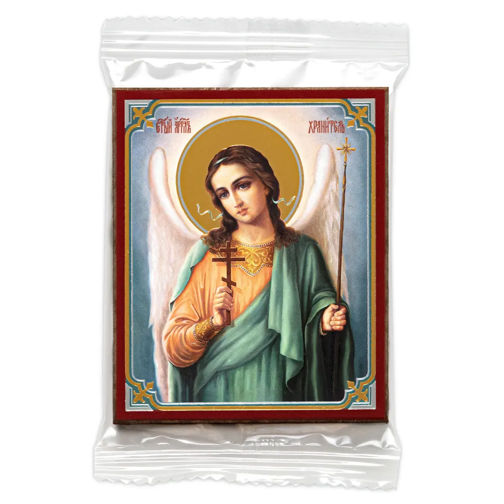 Icon on wooden panel 6×9 double embossing, annotation, packaging Guardian Angel (half-length) №11