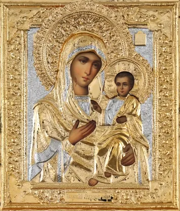 Painted icon of the Mother of God «Iveron» 24×30, oil, riza cover №299, gilding
