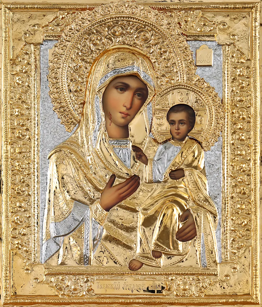 Painted icon of the Mother of God «Iveron» 24×30, oil, riza cover №299, gilding