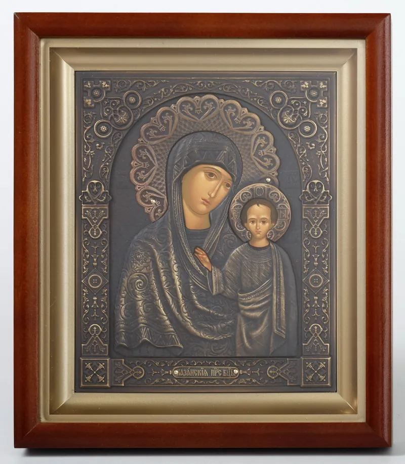 ხატი კიოტში 15×19 რთული, ტემპერა, პატინირებული მოჭედილობა ყაზანის ღვთისმშობელი