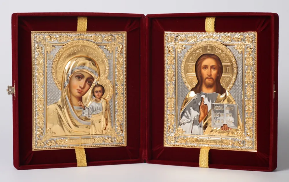 Painted folding icons in case 18×24 oil, riza covers №241, №242 (velvet) Saviour-Kazan Mother of God