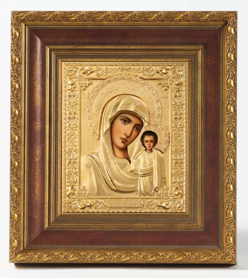 Painted icon in icon case 18×24 oil, riza cover №241, matte glossy gilding, icon case №22 Kazan Mother of God