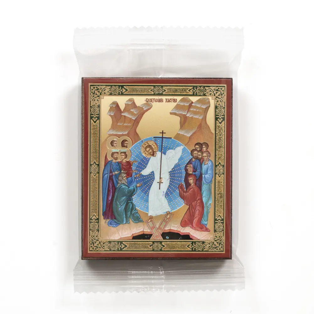 Icon on wooden panel 6×9 double embossing, annotation, packaging Resurrection of Christ 70