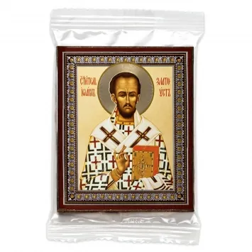 Икона на деревянном планшете 6х9 двойное тиснение, аннотация, упаковка Иоанн Златоуст 4