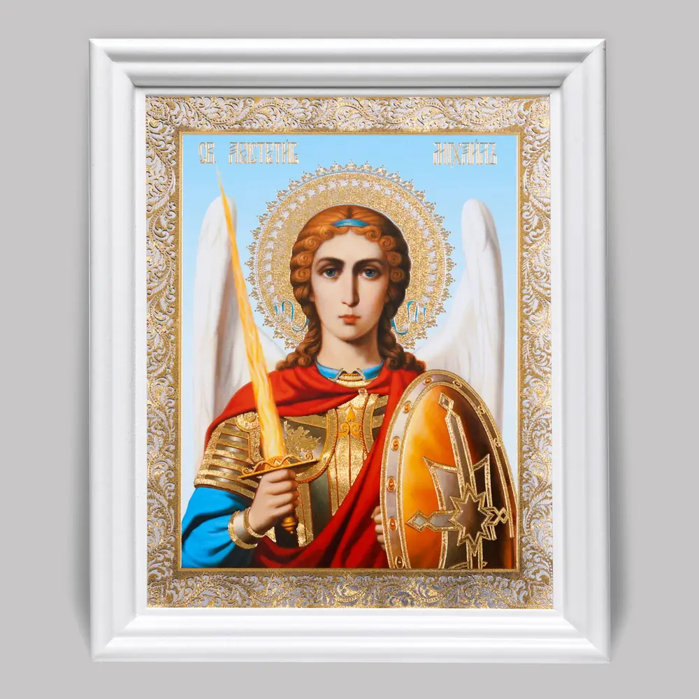 Icon in wooden frame №3 11×13 (white) double embossing Archangel Michael (half-length)