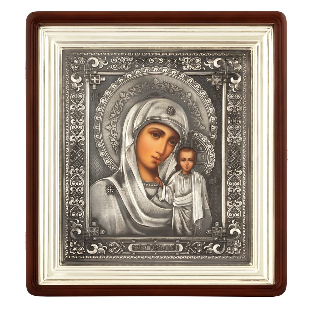 Painted icon in icon case 24×30 oil, riza cover №303, niello silver plating, icon case №1 Kazan Mother of God