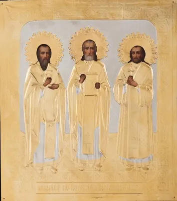 Painted icon Three Hierarchs, Hierarch of Basil the Great, Hierarch Gregory the Theologian, Hierarch John Chrysostom 24×30, oil, riza cover №100, gilding