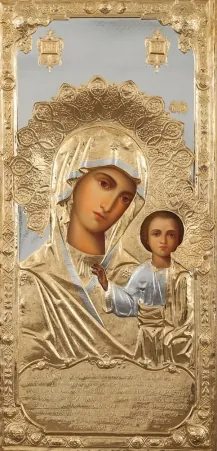 Painted icon of the Mother of God «Kazan» 55×115, oil, riza cover №154, gilding