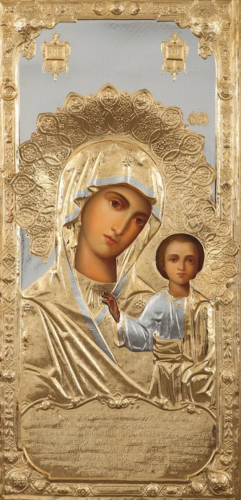Painted icon of the Mother of God «Kazan» 55×115, oil, riza cover №154, gilding