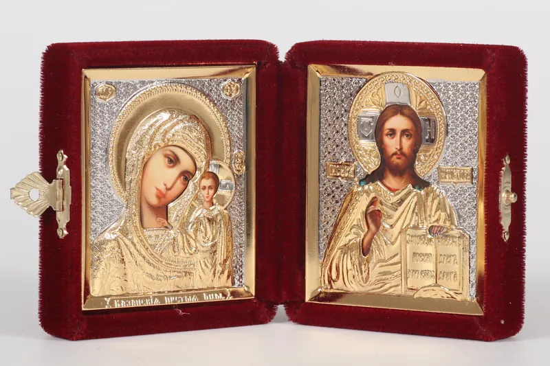 Folding icon in case 6×7 velvet, film, 3D riza, nickel plating, gilding Saviour-Kazan Mother of God