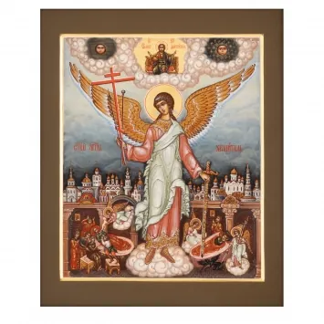 ფერწერული ხატი დაფაზე 24×30 ტემპერა, მოოქროვილი შარავანდედი, კიდობანი მფარველი ანგელოზი, 01132
