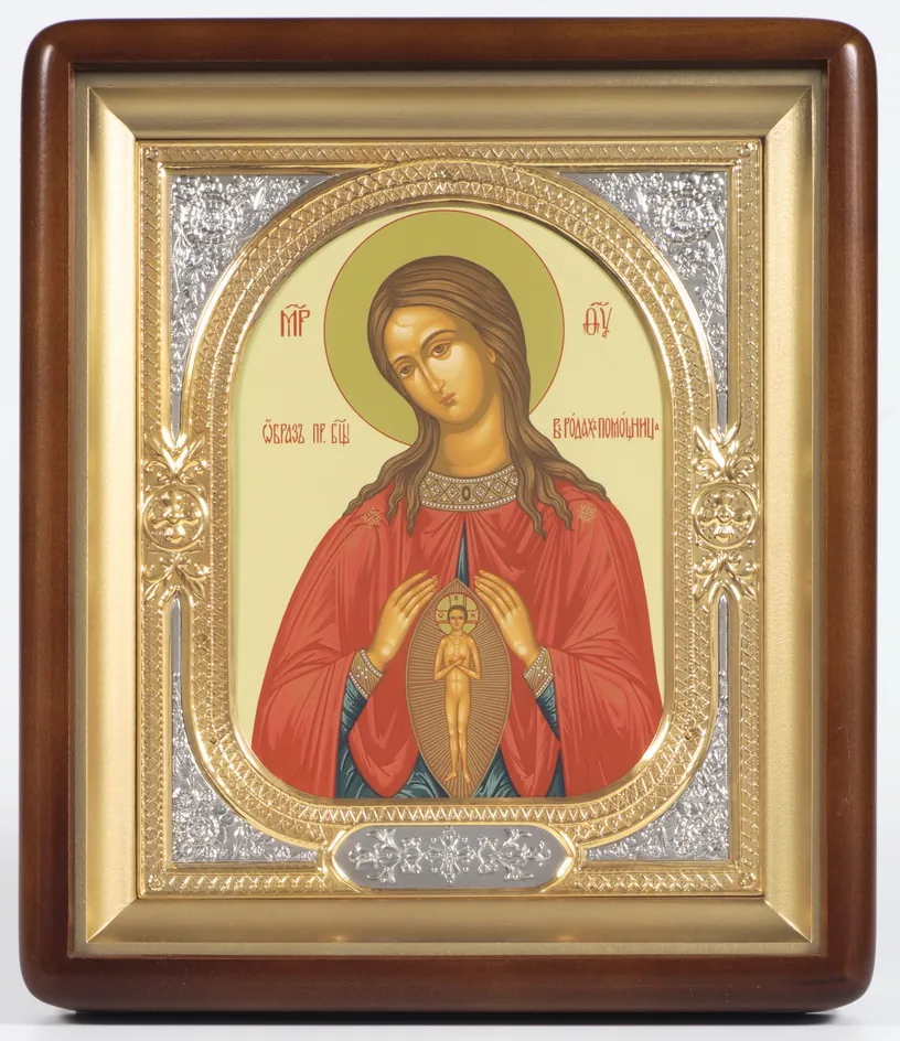 ხატი კიოტში 18×24 ფიგურული, ტემპერა, მოცულობითი მოჭედილობა-ჩარჩო, ღია, მოოქროვილი, მონიკელება მშობიარეთა შემწე