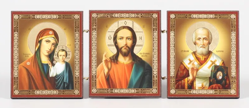 Wooden folding icons 7×18 three-leaf, double embossing Saviour-Kazan Mother of God-Nicholas the Wonderworker 30
