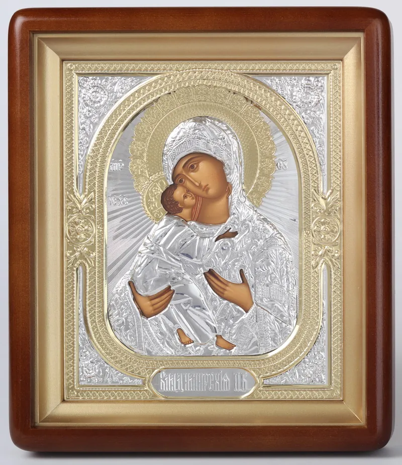 Icon in icon case 18×24 shaped, tempera, 3D riza №1 Vladimir Mother of God