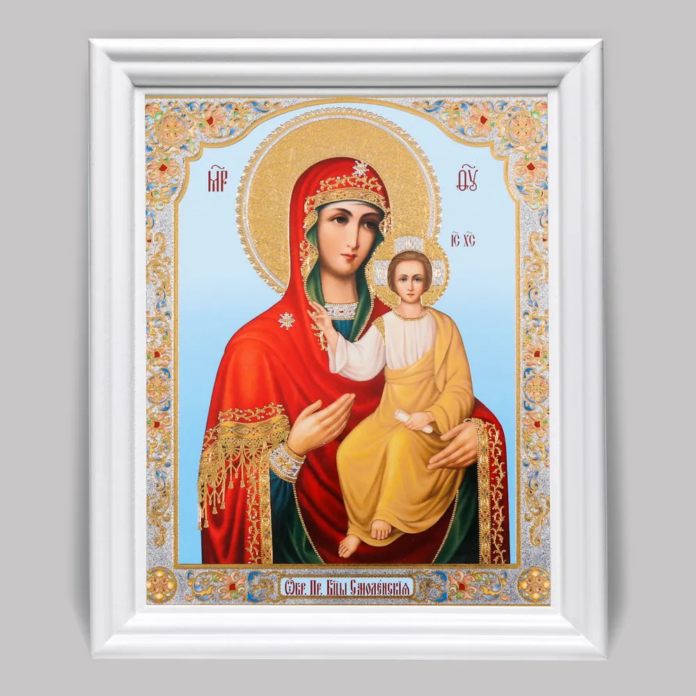 Icon in wooden frame №3 11×13 (white) double embossing Smolensk Mother of God