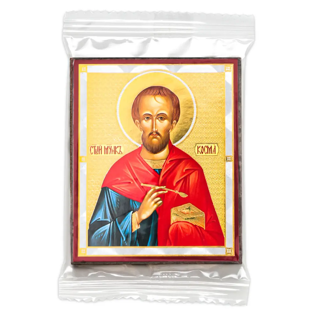 Icon on wooden panel 6×9 double embossing, annotation, packaging Cosmas