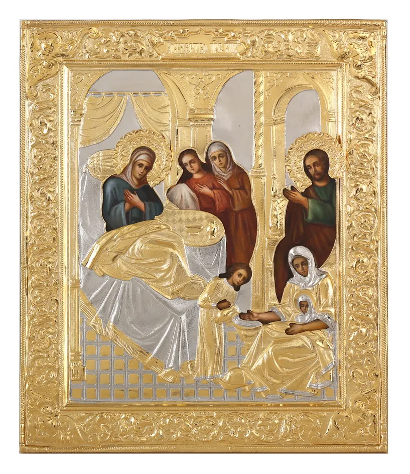 ფერწერული ხატი ყოვლადწმიდა ღვთისმშობლის შობის 24×30, ზეთი, მოჭედილობა №283, მოოქროვება