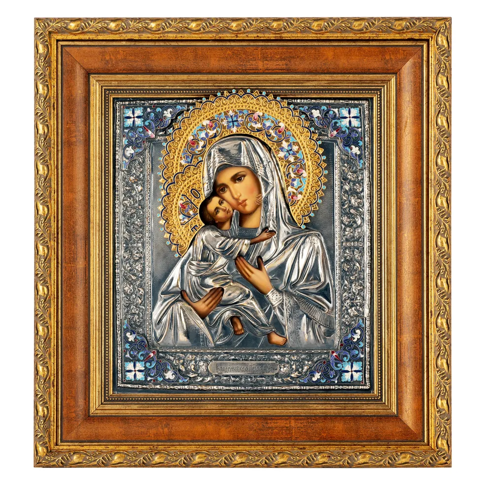 ფერწერული ხატი კიოტში 24×30 ზეთი, მოჭედილობა №6, გაშავებული მოვერცხლვა, მინანქარი, კიოტი №22 ვლადიმირის ღვთისმშობელი