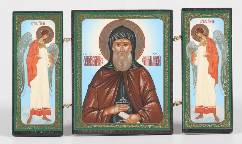 Wooden folding icons 7×12 three-leaf, double embossing Daniel of Moscow