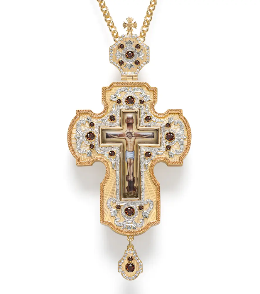 Pectoral cross №200 / cubic zirconia guilloché / gilding, silver plating