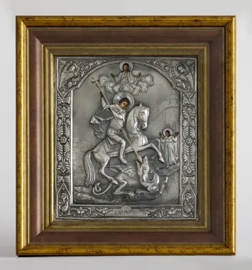 Painted icon in icon case 30×40 oil, riza cover №38, niello silver plating, icon case №22 George the Victorious