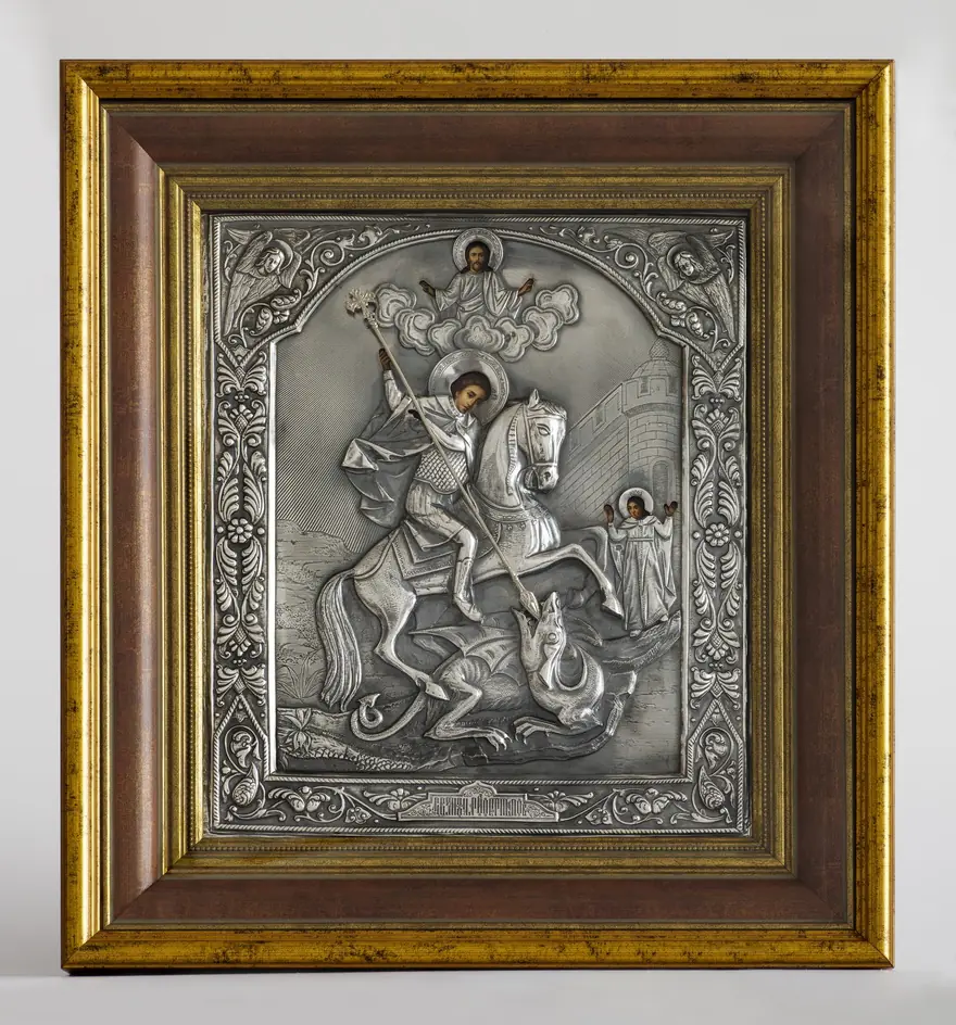 Painted icon in icon case 30×40 oil, riza cover №38, niello silver plating, icon case №22 George the Victorious