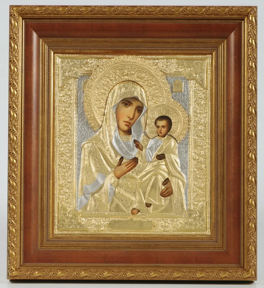 Painted icon in icon case 24×30 oil, riza cover №299, matte gilding, icon case №22 Iveron Mother of God