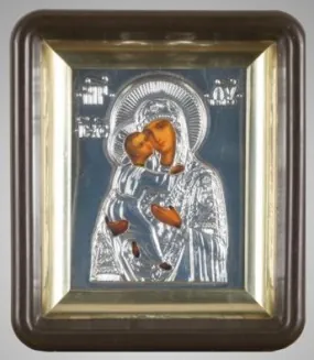 Icon in plastic frame 6×7 brass-plated riza cover Vladimir Mother of God