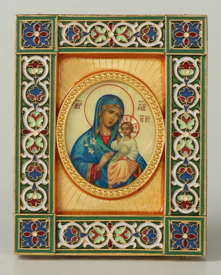 Name-day icon №18 electroforming, enamel, painting / oval, in wooden frame / gilding, electrophoresis / Unfading Flower