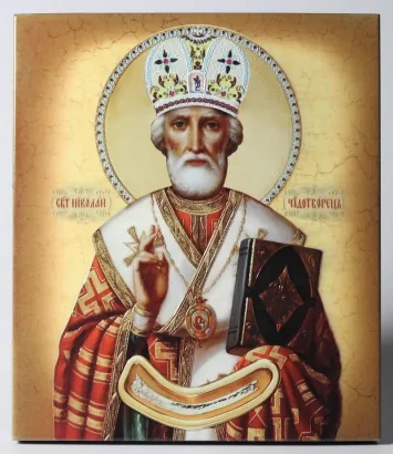 Icon on board 22×26 3D print, varnish Nicholas the Wonderworker half-length (recessed field)
