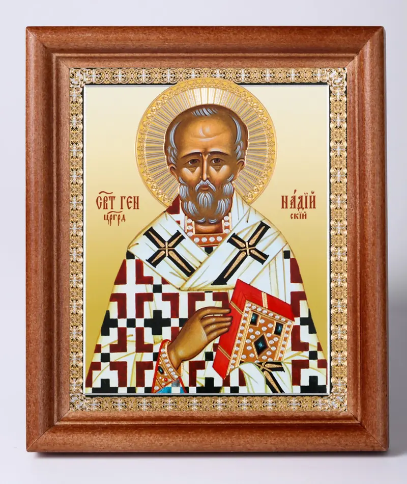 Icon in wooden frame №1 11×13 double embossing Gennadius of Constantinople