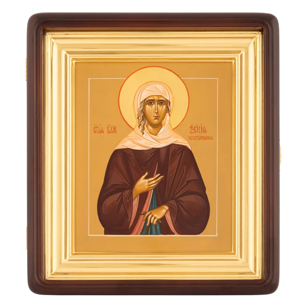 Painted icon on board in icon case 18×24 tempera, gilded halo, recessed field, icon case №1 Xenia of St Petersburg, 01796