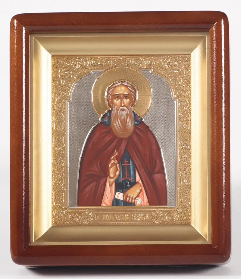 Painted icon in icon case 11×13 oil, riza cover open, brass, gilding, icon case №2 Sergius of Radonezh