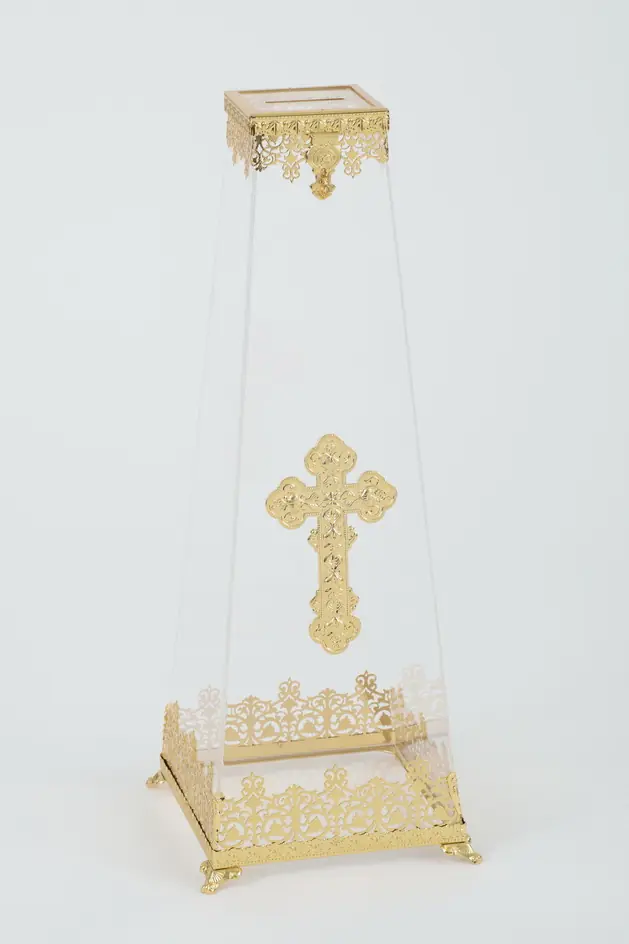 Donation box of acrylic glass on base cover