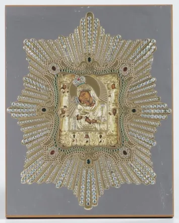 Icon on wooden panel 21×32 chipboard blind embossing, packaging Pochaev Mother of God