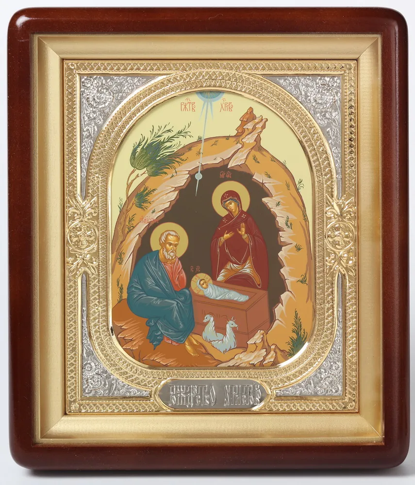 Icon in icon case 18×24 shaped, tempera, 3D riza frame, open, gilded, nickel plating Nativity of Christ 2